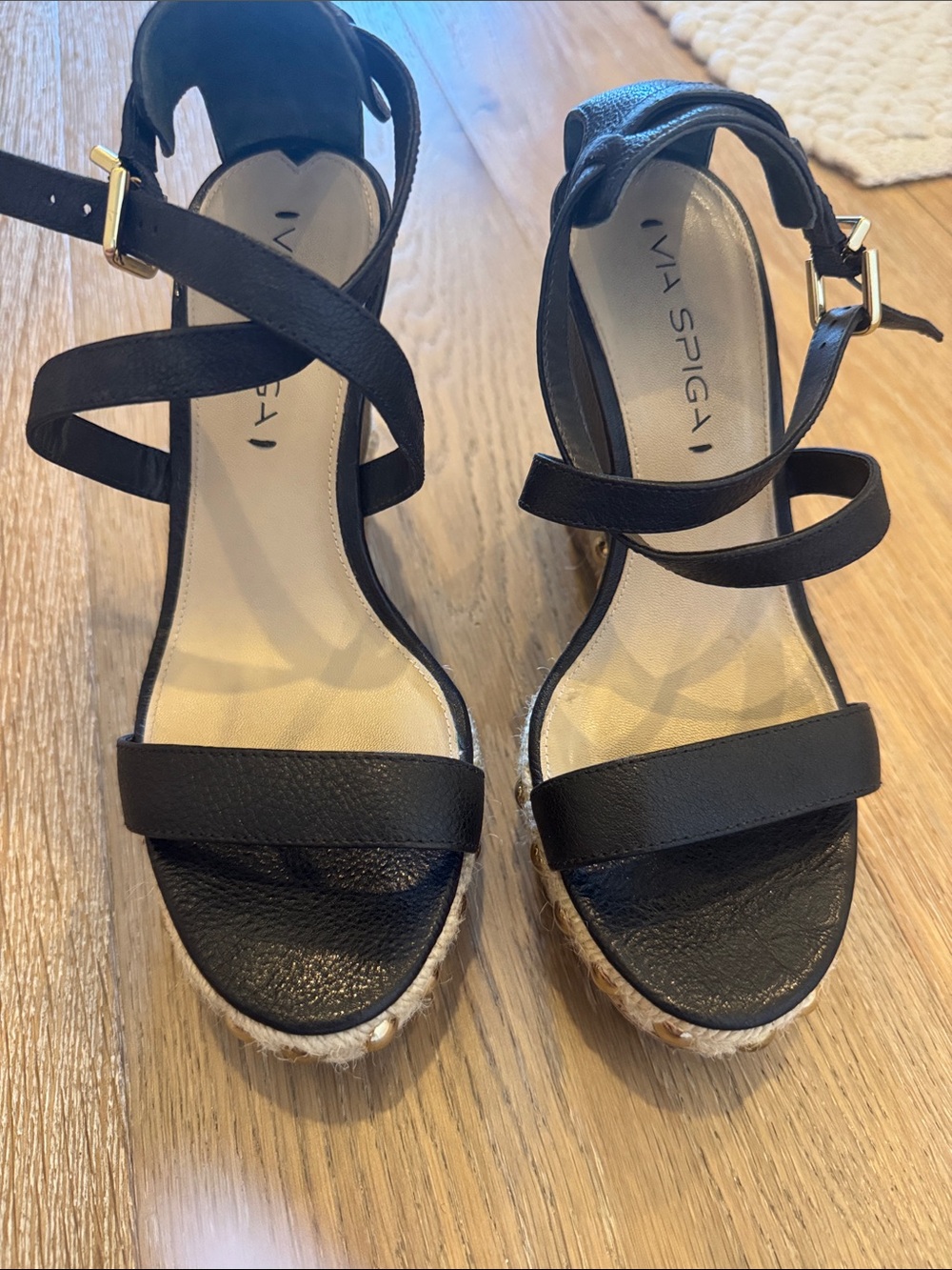 Via Spiga Black Wedge Espadrilles with Ankle Straps